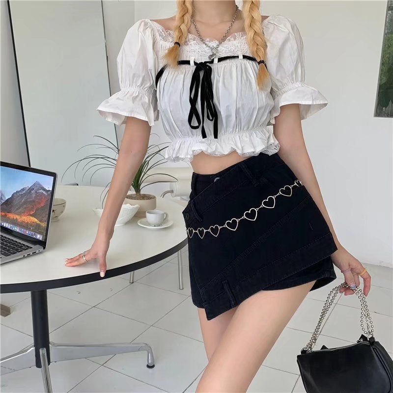 Pink Denim short skirt womens summer A- line skirt design sense fried street slimming hot girl high waist culottes ins fashion Blue - Image 3