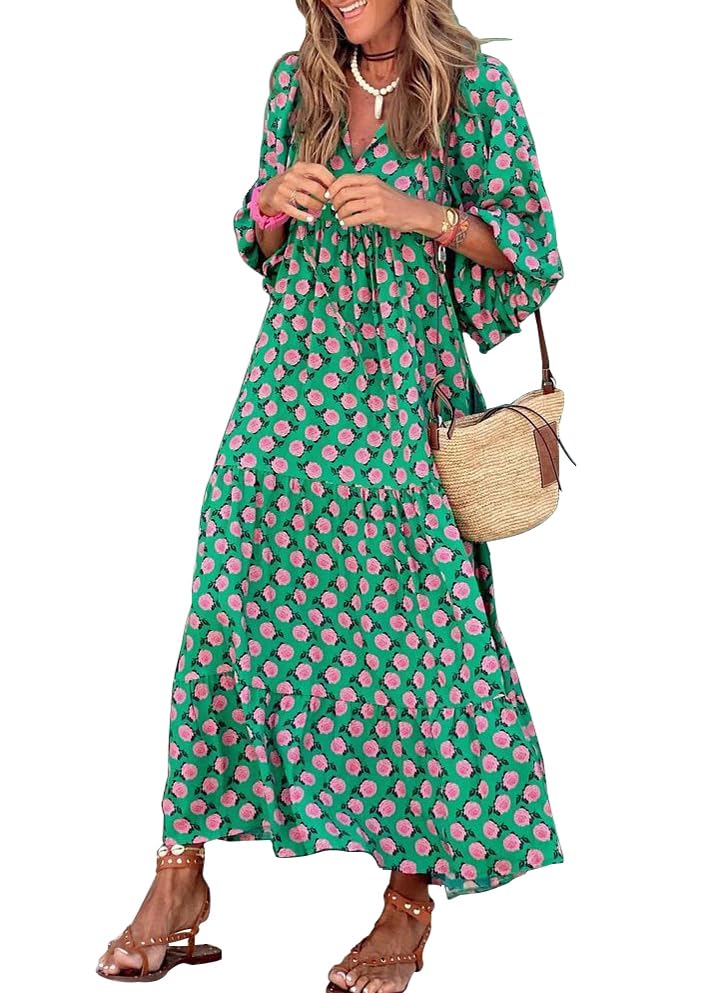 miduo Womens Loose Fit Fashion Summer V Neck Half Sleeve Bohemian Floral Pattern Maxi Long Dresses Boho Flowy Dresses Green XL - Image 1