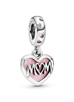 PANDORA Jewelry Mom Script Heart Pendant in Sterling Silver with Pink Enamel and Cubic Zirconia
