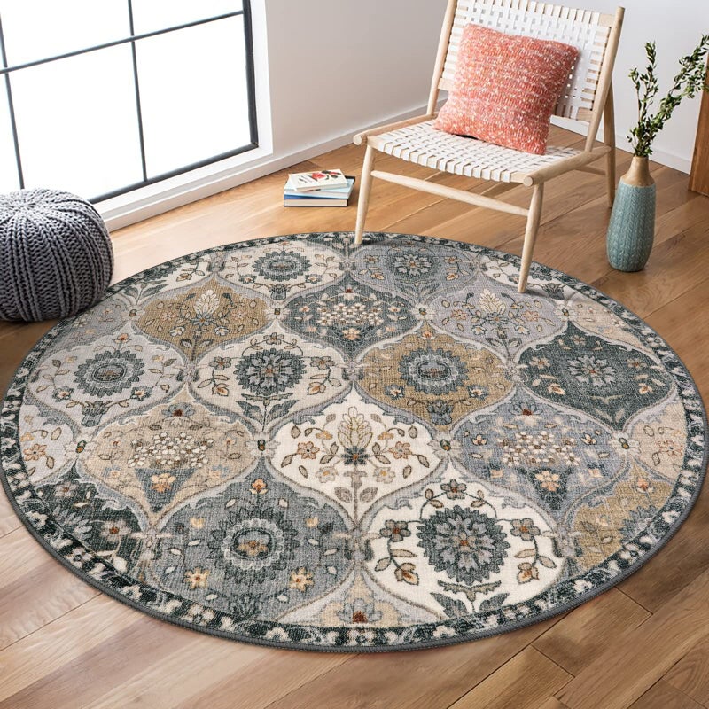 Lahome Moroccan Trellis Round Area Rugs Washable Small Round Rug 3ft NonSlip Soft Vintage UltraThin Circle Carpet for Bedroom Entryway Kitchen Laundry Bathroom Grey