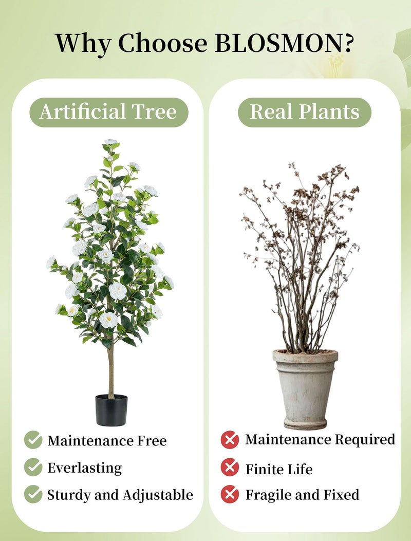 BLOSMON Artificial Trees for Home Decor: Indoor 4.9ft Tall Fake Plants Outdoor Camellia Flowers Tree for Front Porch - Faux White Rose Plant with Pot for Living Room Door Patio Deck Yard - Image 5