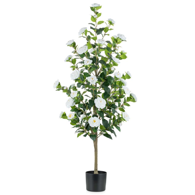 BLOSMON Artificial Trees for Home Decor: Indoor 4.9ft Tall Fake Plants Outdoor Camellia Flowers Tree for Front Porch - Faux White Rose Plant with Pot for Living Room Door Patio Deck Yard - Image 1