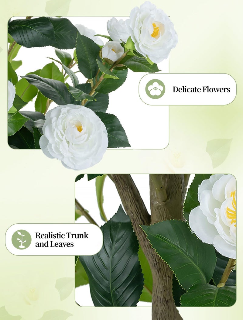 BLOSMON Artificial Trees for Home Decor: Indoor 4.9ft Tall Fake Plants Outdoor Camellia Flowers Tree for Front Porch - Faux White Rose Plant with Pot for Living Room Door Patio Deck Yard - Image 4