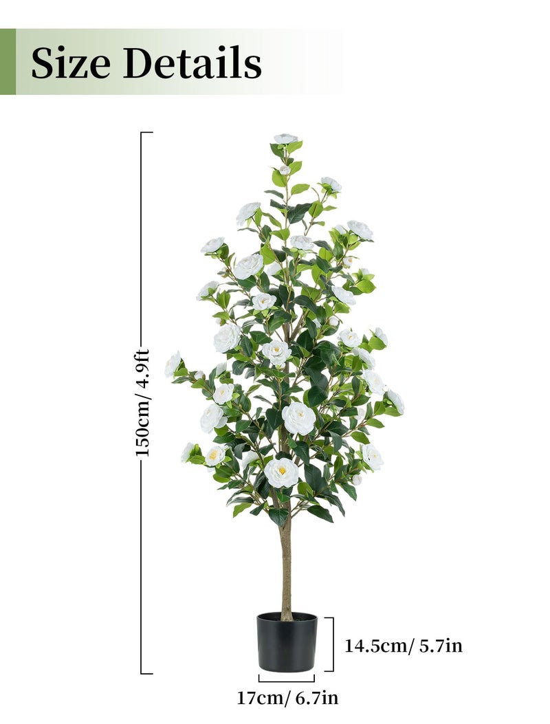 BLOSMON Artificial Trees for Home Decor: Indoor 4.9ft Tall Fake Plants Outdoor Camellia Flowers Tree for Front Porch - Faux White Rose Plant with Pot for Living Room Door Patio Deck Yard - Image 3