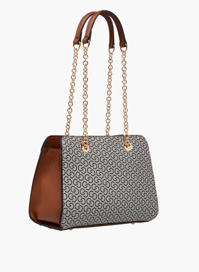 Celeste Monogram Print Tote Bag with Double Chain Strap and Zip Closure
