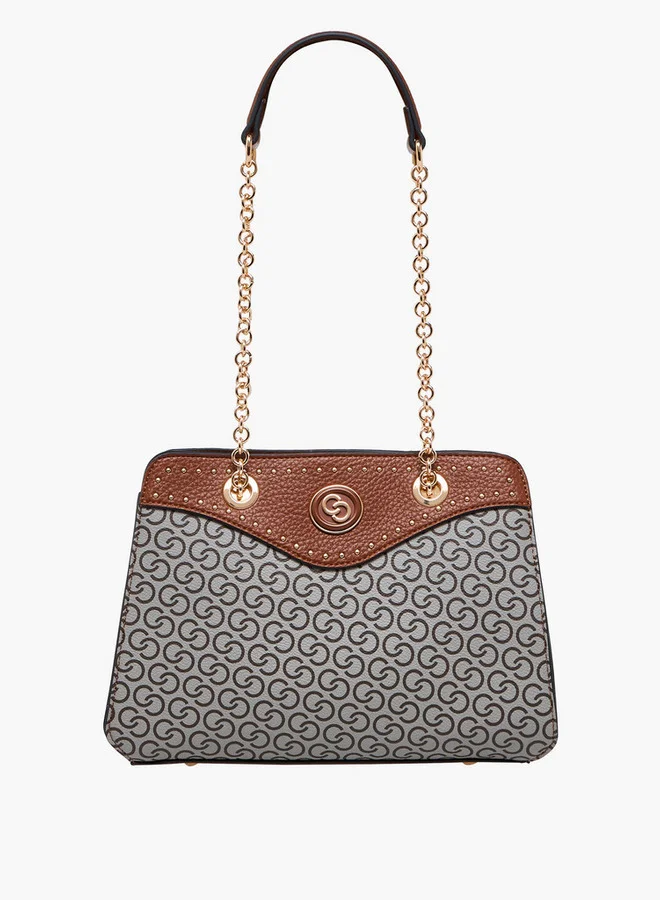 Celeste Monogram Print Tote Bag with Double Chain Strap and Zip Closure