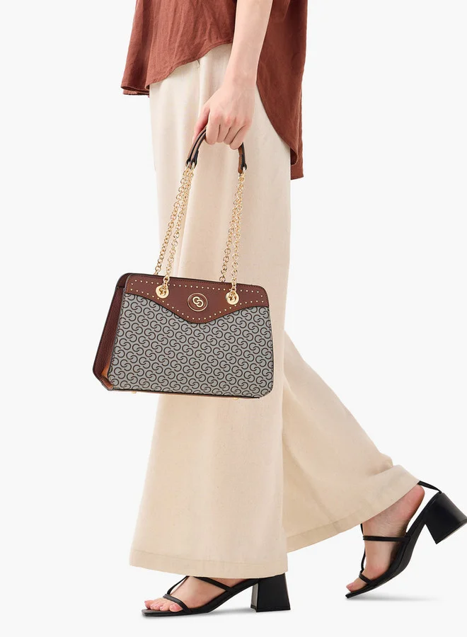 Celeste Monogram Print Tote Bag with Double Chain Strap and Zip Closure