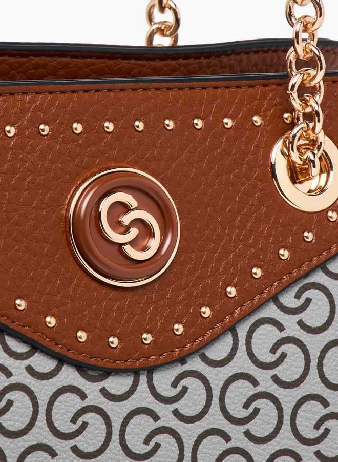 Celeste Monogram Print Tote Bag with Double Chain Strap and Zip Closure