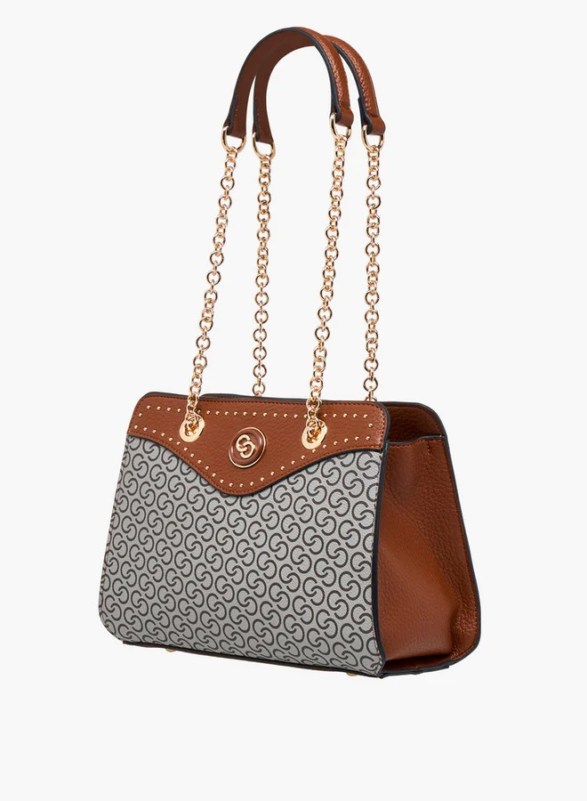 Celeste Monogram Print Tote Bag with Double Chain Strap and Zip Closure