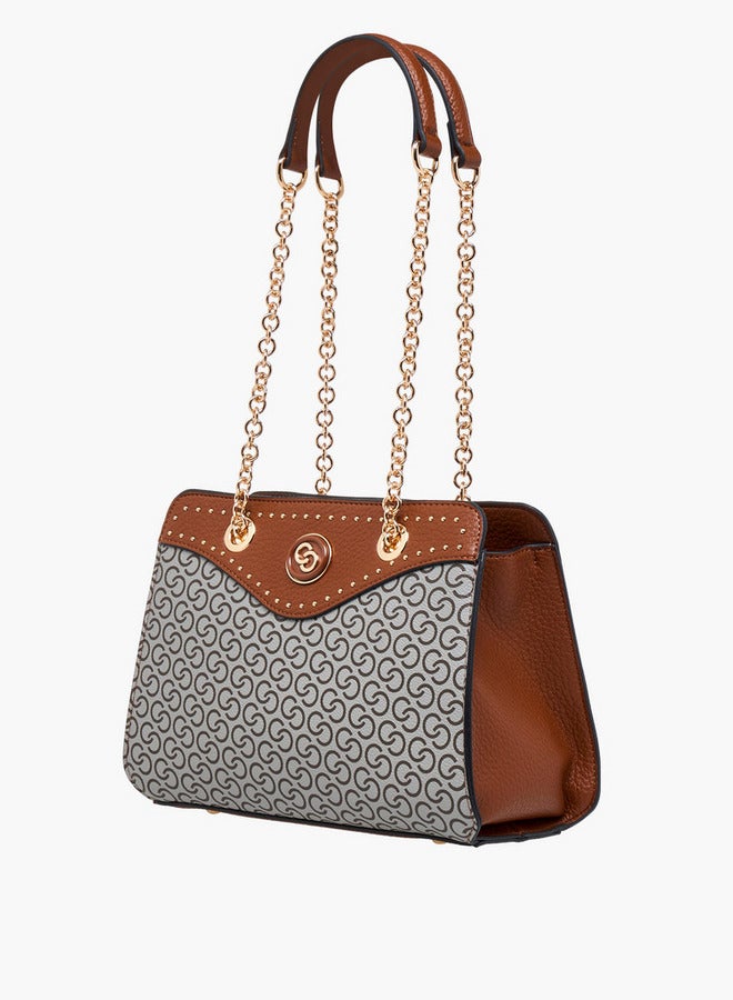 Celeste Monogram Print Tote Bag with Double Chain Strap and Zip Closure  - Image 3