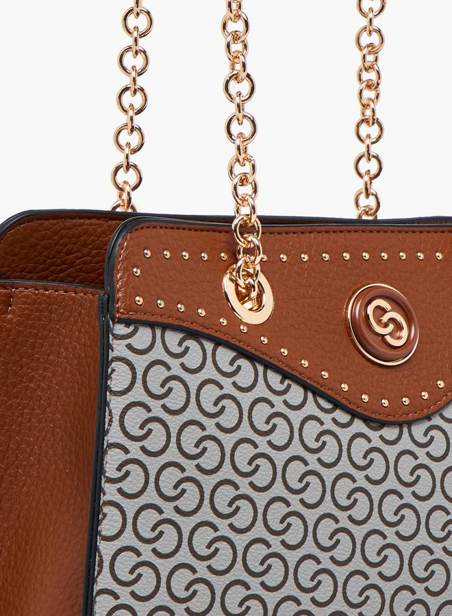 Celeste Monogram Print Tote Bag with Double Chain Strap and Zip Closure