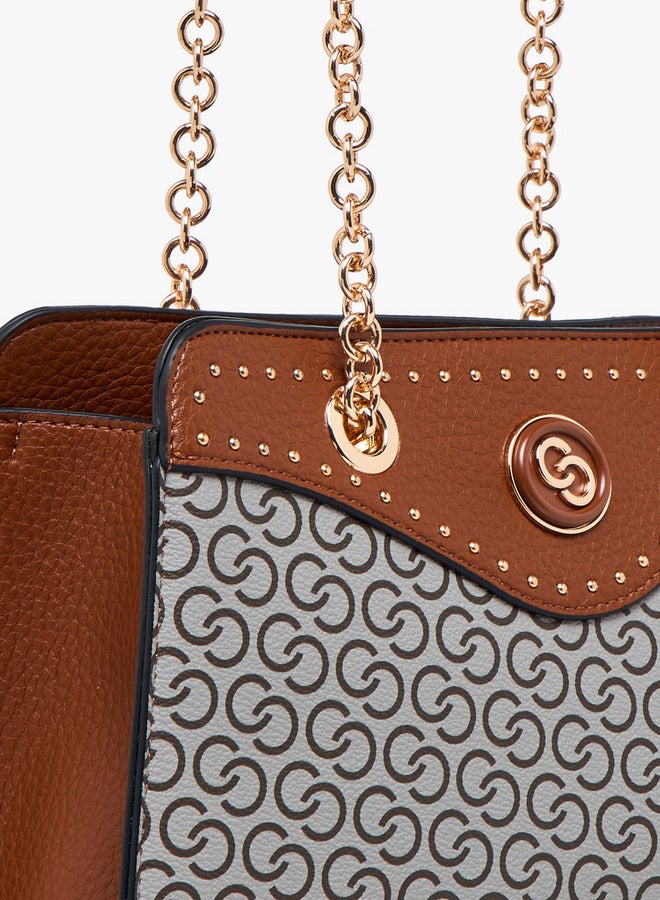 Celeste Monogram Print Tote Bag with Double Chain Strap and Zip Closure  - Image 5