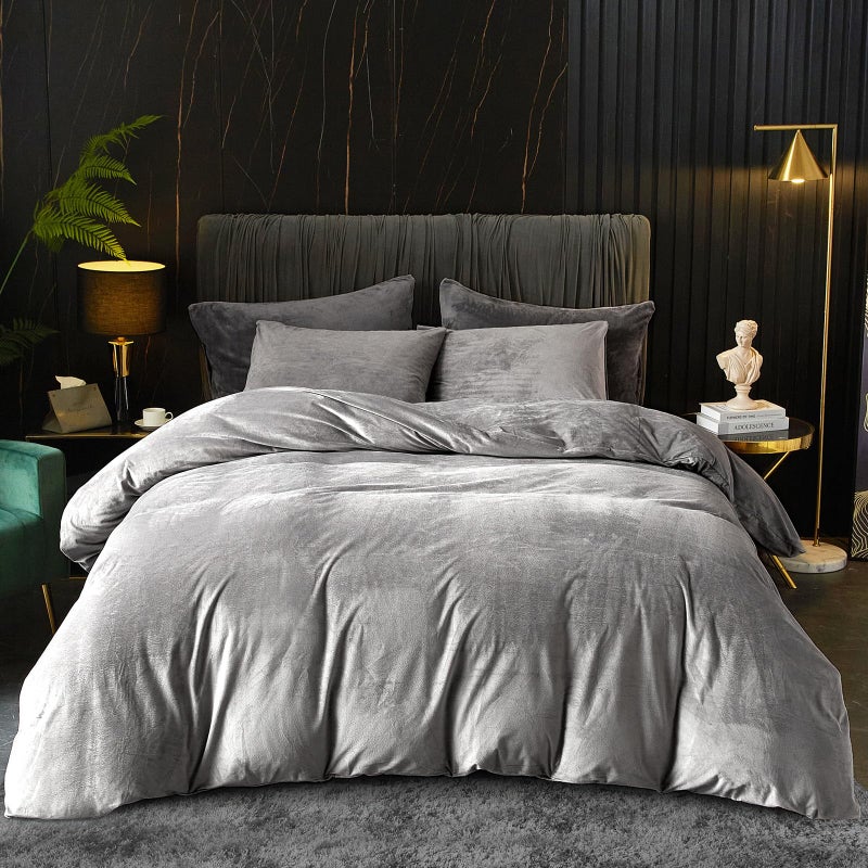 Ivellow Velvet Duvet Cover Queen Set  Smoky Gray Velvet Comforter Cover 3Pcs Ultra Soft Duvet Breathable Solid Luxury Flannel Velour Zipper Closure Corner Tie
