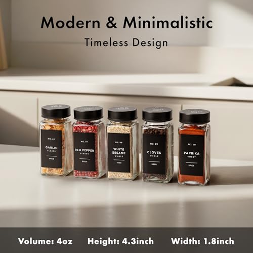 EDELHAUS Glass Spice Jars with Label and Stainless Steel Lids (24 x 4oz) Spice Containers with 240 Labels, Shaker Inserts, Steel Funnel, Empty Square Empty Square Seasoning Organizer (Black) - Image 2