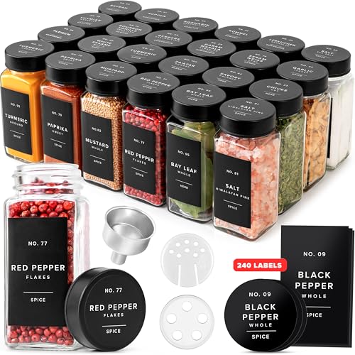 EDELHAUS Glass Spice Jars with Label and Stainless Steel Lids (24 x 4oz) Spice Containers with 240 Labels, Shaker Inserts, Steel Funnel, Empty Square Empty Square Seasoning Organizer (Black) - Image 1