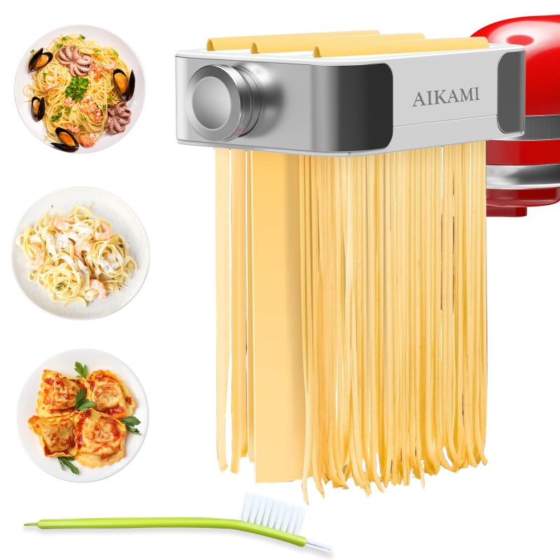 AIKAMI Metal Pasta Maker Attachment for Kitchenaid Stand Mixers 3 in 1 Set Includes Pasta Roller Spaghetti Cutter & Fettuccine Cutter and Cleaning Brush, Pasta Attachment - Image 1