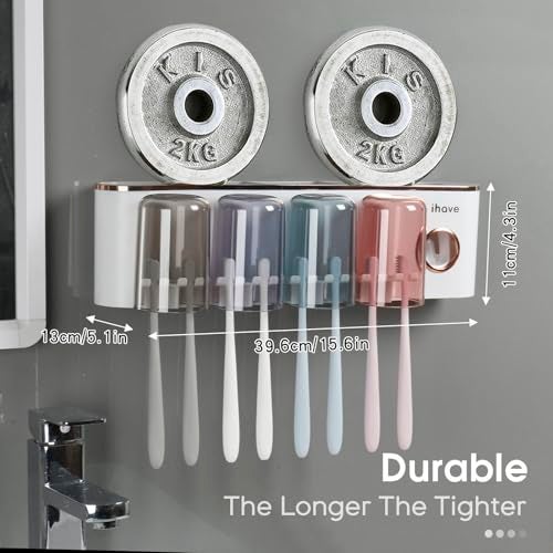 iHave Toothbrush Holders Bathroom Accessories with Toothpaste Dispenser, 4 Cups Toothbrush Holder Wall Mounted Bathroom Decor - Image 4