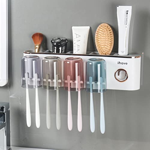 iHave Toothbrush Holders Bathroom Accessories with Toothpaste Dispenser, 4 Cups Toothbrush Holder Wall Mounted Bathroom Decor - Image 1