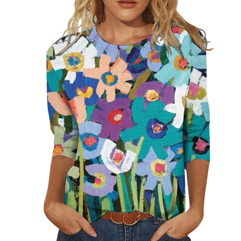 Women'S 3D Printed Crewneck 7-Sleeve T-Shirt - Image 1