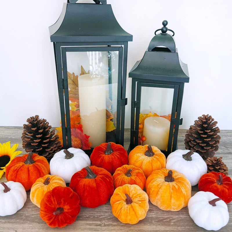 Winlyn Set of 16 Assorted Faux Small Rustic Harvest Decorative Pumpkins Velvet Fabric Pumpkins Foam Pumpkins in Rust Orange White for Farmhouse Fall Wedding Thanksgiving Centerpiece Table Mantel D?cor  - Image 5