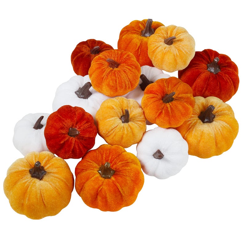 Winlyn Set of 16 Assorted Faux Small Rustic Harvest Decorative Pumpkins Velvet Fabric Pumpkins Foam Pumpkins in Rust Orange White for Farmhouse Fall Wedding Thanksgiving Centerpiece Table Mantel D?cor  - Image 1