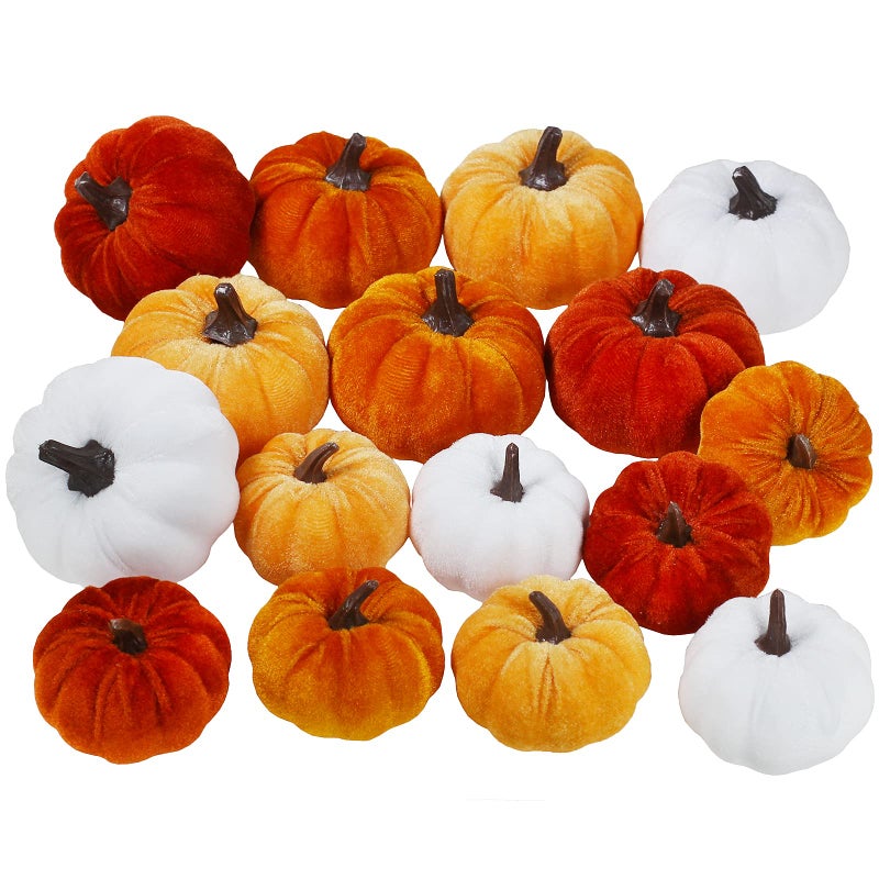 Winlyn Set of 16 Assorted Faux Small Rustic Harvest Decorative Pumpkins Velvet Fabric Pumpkins Foam Pumpkins in Rust Orange White for Farmhouse Fall Wedding Thanksgiving Centerpiece Table Mantel D?cor  - Image 2