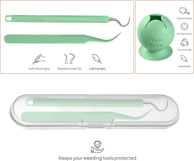 iVyne Berry and Silicone Weeding Tools - Suction Weeder, Craft Tweezer, Scrap Collector Holder, Vinyl Weeding Tool Kit for Cricut, Silhouette Accessories - Green - Image 3