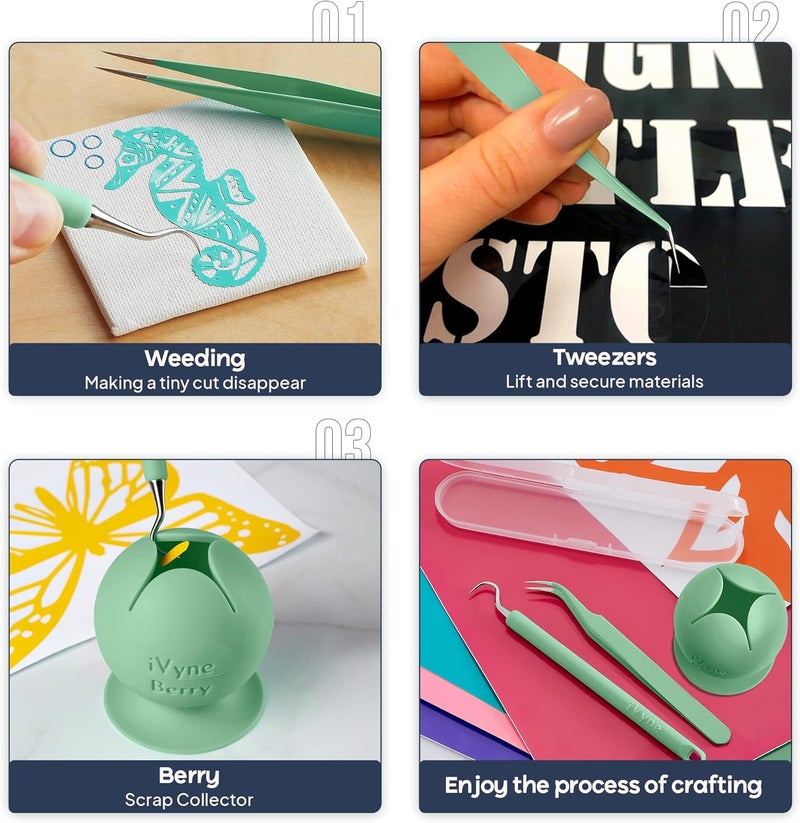 iVyne Berry and Silicone Weeding Tools - Suction Weeder, Craft Tweezer, Scrap Collector Holder, Vinyl Weeding Tool Kit for Cricut, Silhouette Accessories - Green - Image 4