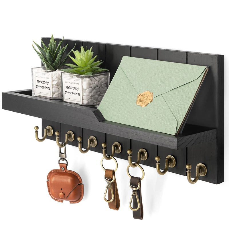 Rebee Vision Decorative Key and Mail Holder for Wall - Farmhouse 15 Inches Floating Shelf with 7 Sturdy Key Hooks for Home Entryway Wall Decor - Rustic Key Racks (Black) - Image 1