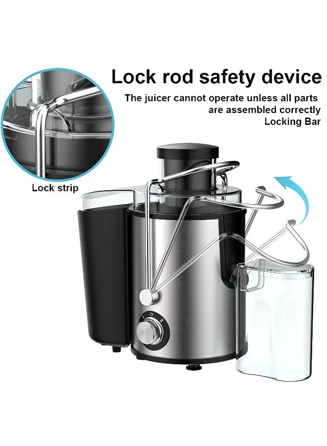 أرابيكو عصارة فواكه، محرك عالي الطاقة 800 واط، تصميم من الفولاذ المقاوم للصدأ مع سرعة مزدوجة، فتحة تغذية كبيرة جدًا، حاوية لب سعة 1.7 لتر وجامع عصير سعة 500 مل (أحمر وفضي) - Image 3