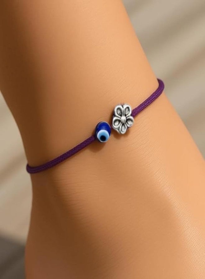 DARSHRAJ 925 Sterling Silver Evil Eye & Flower Anklet | Adjustable Anklet for girls | women | silver payal (dark purple) - Image 2