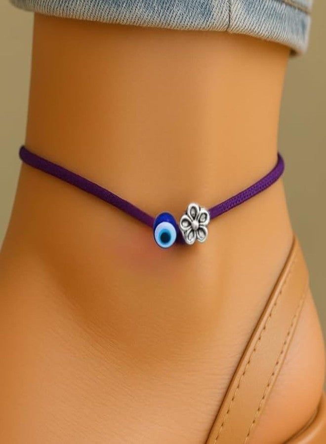 DARSHRAJ 925 Sterling Silver Evil Eye & Flower Anklet | Adjustable Anklet for girls | women | silver payal (dark purple) - Image 4
