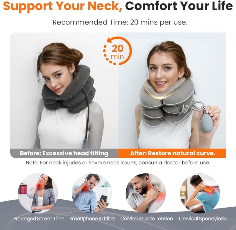 YOUWE7 Neck Stretcher with Neck Brace,Cervical Traction Neck Device,Neck Relief Tool,Adjustable Inflatable Cervical Brace,Home Use Neck Decompression New Technology Breathable Fabric Washable - Image 2