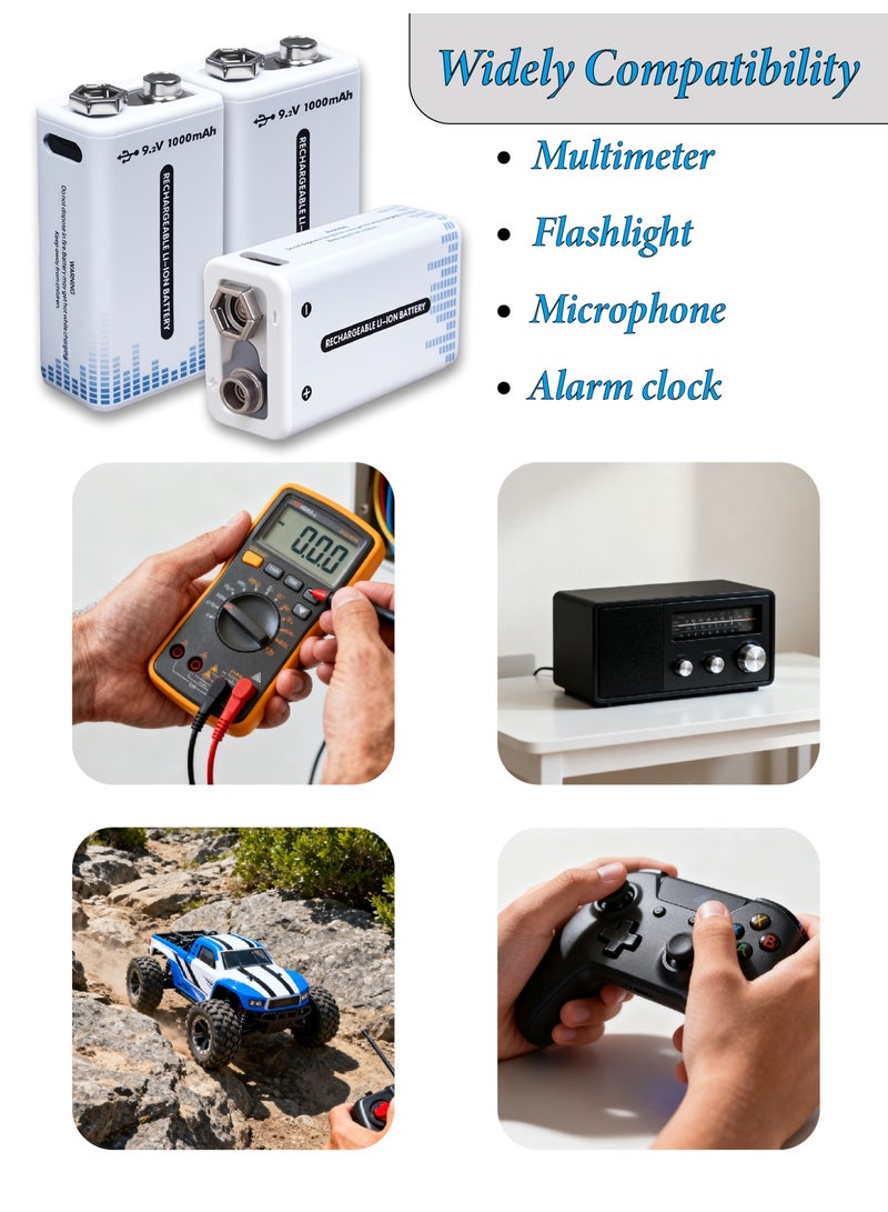 MUXUE 2-Pack Rechargeable 9V Batteries,9 Volt Lithium-ion Batteries Long Lasting with 2-in-1 USB-C Fast Charging Cable, for  Microphone, Toys, Small amplifiers, medical equipment, multimeters, rangefinders, blood glucose meters, guitar effects pedals, carbon monoxide detectors, security and alarm systems - Image 3