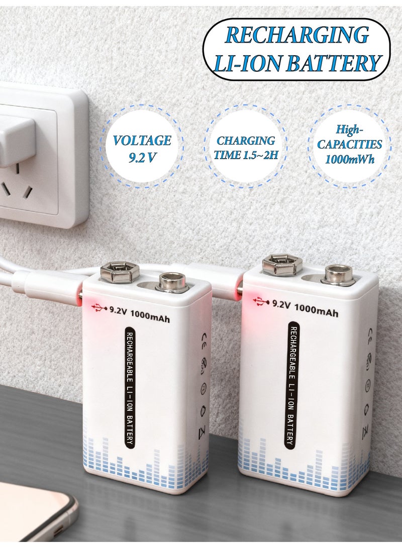 MUXUE 2-Pack Rechargeable 9V Batteries,9 Volt Lithium-ion Batteries Long Lasting with 2-in-1 USB-C Fast Charging Cable, for  Microphone, Toys, Small amplifiers, medical equipment, multimeters, rangefinders, blood glucose meters, guitar effects pedals, carbon monoxide detectors, security and alarm systems - Image 2