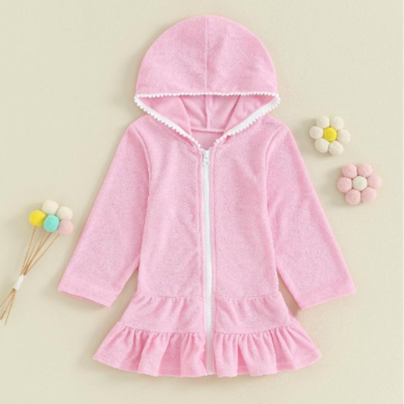 Baby beach hooded cape, hooded long-sleeved beach dress (pink, suitable for 1-2 years old) - Image 2
