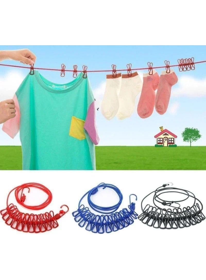 3-Pack Portable Elastic Windproof Clothesline with 12 Clips, 6M Cotton Woven Laundry Drying Line for Indoor & Outdoor Use, Multi-Color - Image 2