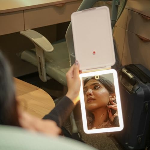 NYRWANA DELIVERING SMILES IN INIDA NYRWANA Rechargeable Travel Makeup Mirror with LED Lights | Portable Vanity Mirror with 3-Color Lighting, Dimmable Touch Screen | Compact Beauty Mirror for Women & Girls (White) - Image 5