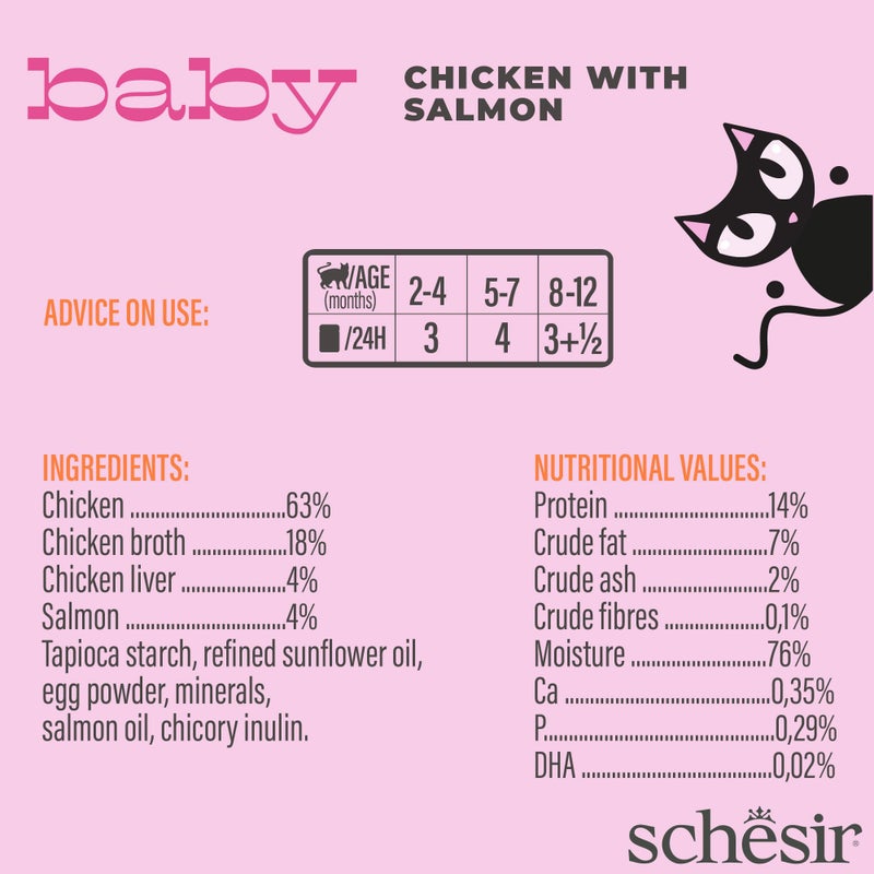 Schesir Baby Kitten Wholefood, Chicken and Salmon High Protein, DHA-Enriched, Premium Wet Food for Healthy Growth & Development, 70g (Pack of 2) - Image 4