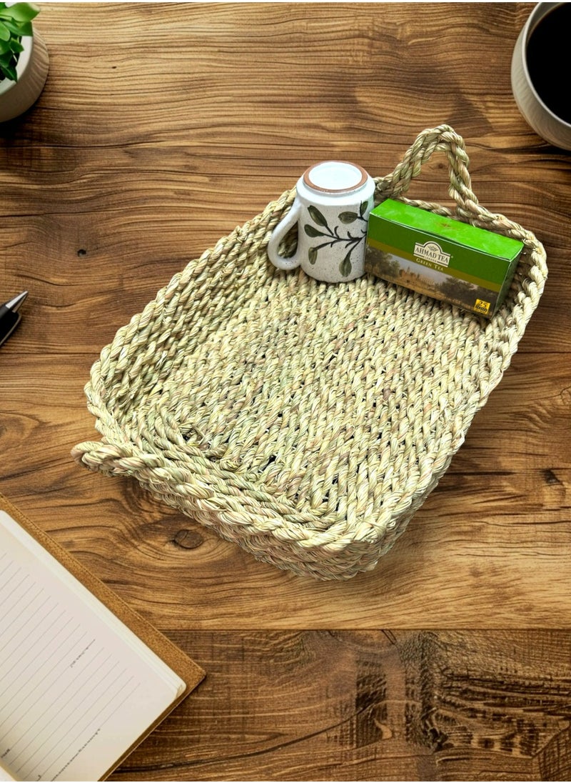 Generic Handmade Woven Seagrass Rectangular Basket with Handles (40X30X6 cm) for Storage/Oranizing Kitchen or Bathroom Items or Adding a Stylish Touch to Your Home Decoration  - Image 3