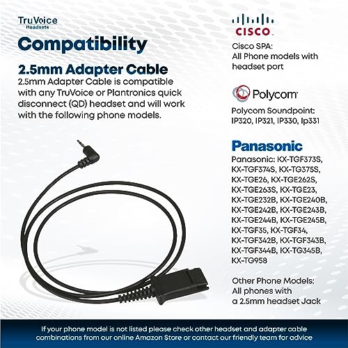 TruVoice 2.5mm Jack to QD Adapter Cable - Compatible with Plantronics, Poly & TruVoice QD Headsets and Connects to - Polycom IP 320, IP321, IP330, IP331, Cisco SPA Phones, AT&T & Cordless Phone with 2.5mm Port - Image 2
