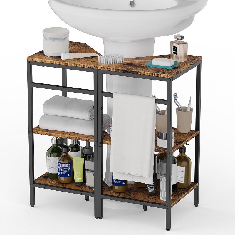 Pedestal Sink Storage 2 Pack Under Sink Organizer Shelf Bathroom Under Vanity Storage Shelf for Small Space Bathroom Organizers Rack Stand 3 Tier Wooden Corner Shelves Rustic Brown