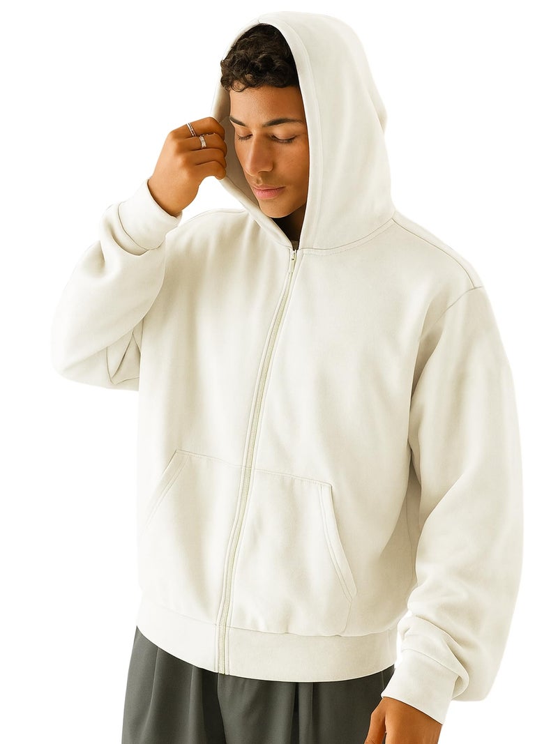 Jump Cuts Mens Solid Hooded Neck Full Sleeve Cream Full Zipper Kangaroo Pockets LoopKnit Sweatshirt - Image 1