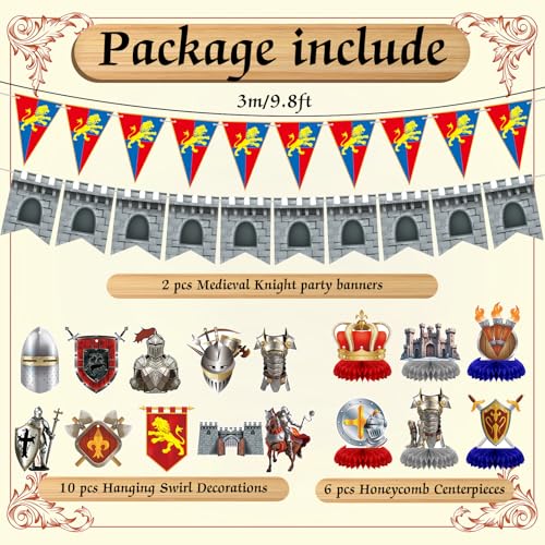 Janlaugh 18 Pcs Medieval Knight Birthday Party Decorations Castle Table Topper Medieval Whirls Hanging Banner Decorations Stone Wall Shield for Birthday Party Supplies - Image 5