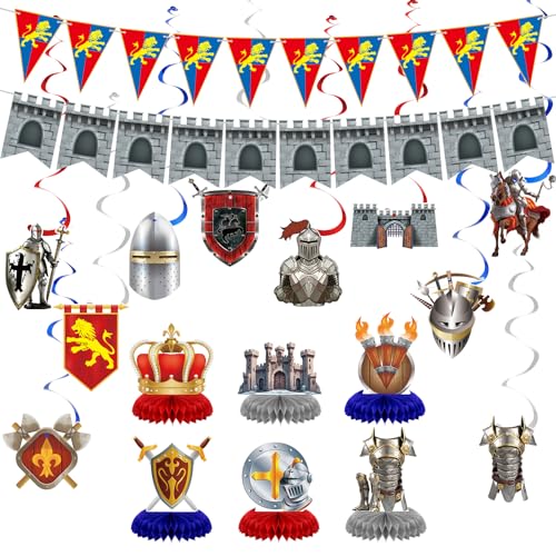 Janlaugh 18 Pcs Medieval Knight Birthday Party Decorations Castle Table Topper Medieval Whirls Hanging Banner Decorations Stone Wall Shield for Birthday Party Supplies - Image 1
