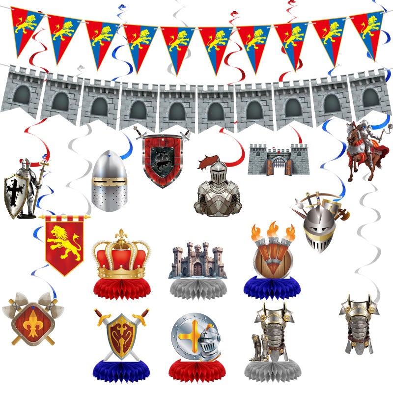Janlaugh 18 Pcs Medieval Knight Birthday Party Decorations Castle Table Topper Medieval Whirls Hanging Banner Decorations Stone Wall Shield for Birthday Party Supplies - Image 3