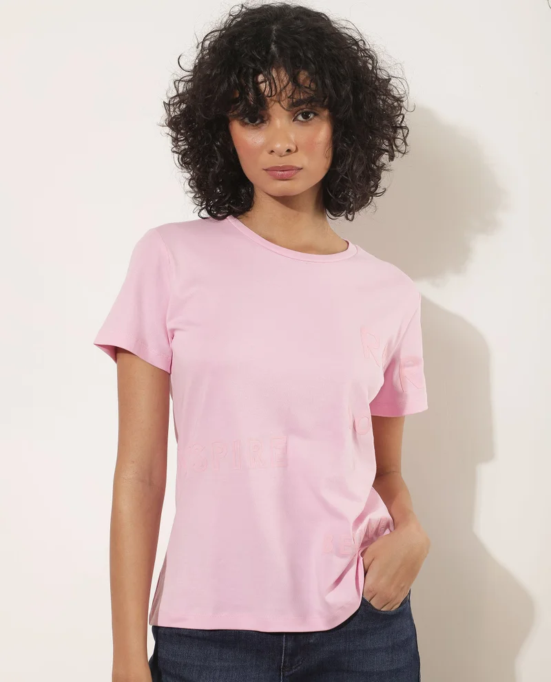 Rareism Women's Casual Chic Crew Neck Tee With Flock Print