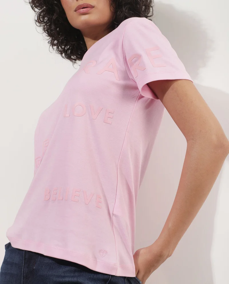 Rareism Women's Casual Chic Crew Neck Tee With Flock Print