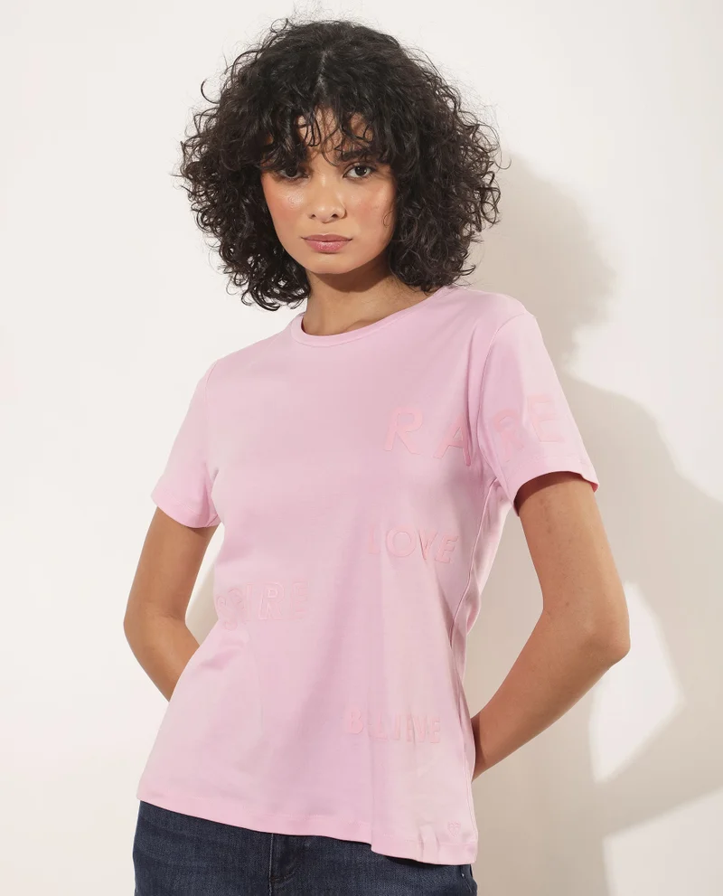 Rareism Women's Casual Chic Crew Neck Tee With Flock Print