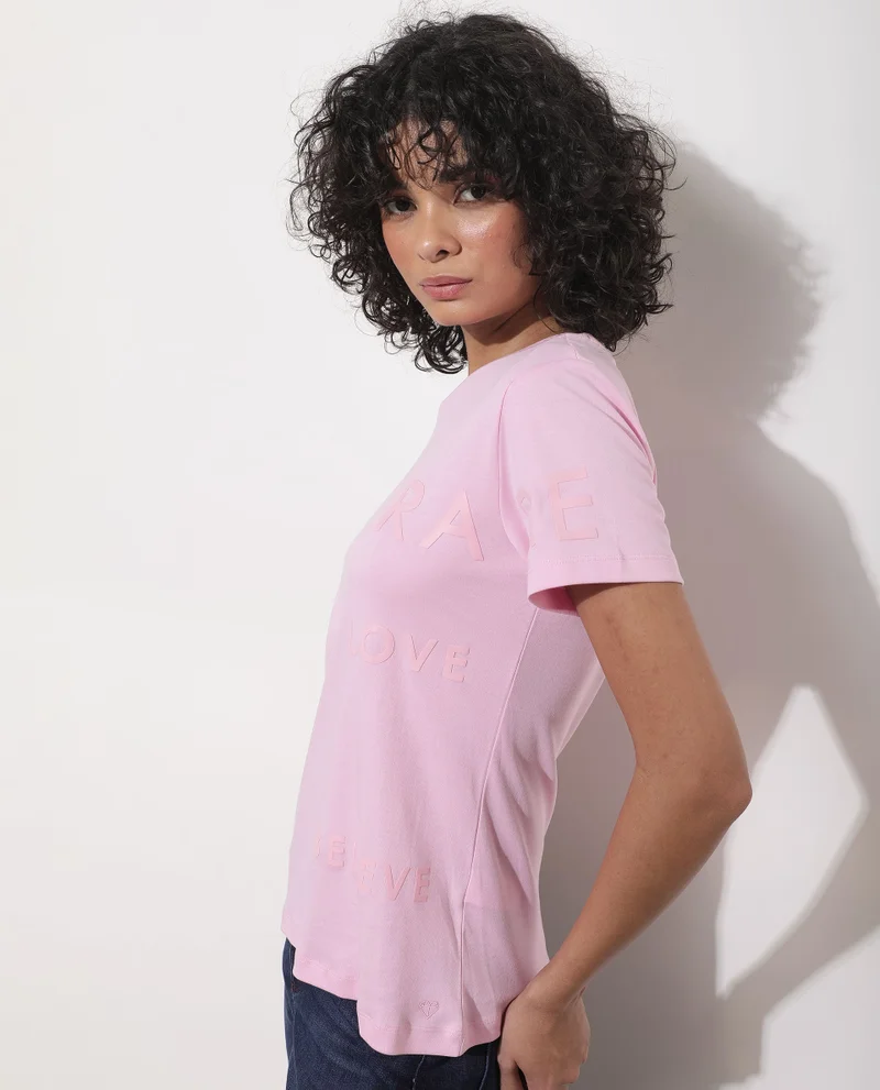 Rareism Women's Casual Chic Crew Neck Tee With Flock Print